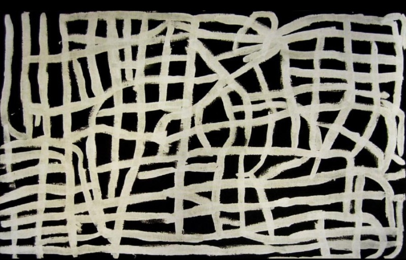 Emily Kame Kngwarreye’s Anooralya Awelye, 1995, with broad cream-white lines crossing and looping into an irregular grid over a stark black ground.