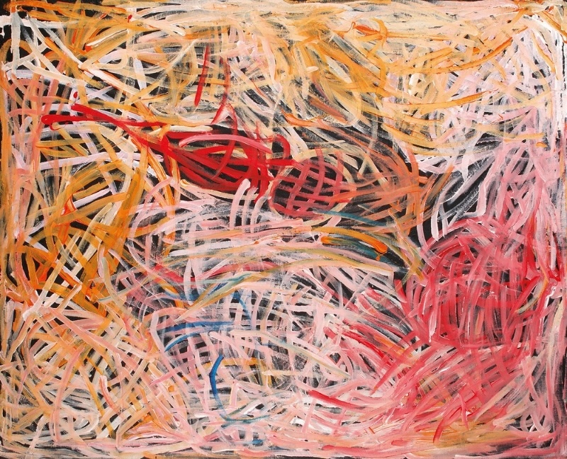 Emily Kame Kngwarreye’s Untitled (Wild Yams), 1996, with a dense tangle of sweeping pink, white, orange, red and ochre brushstrokes layered across a dark ground.