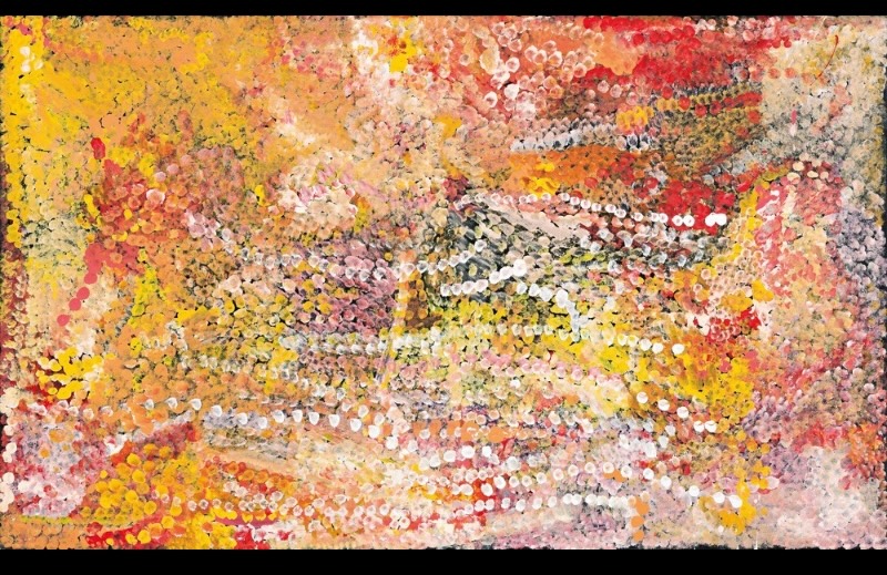 Emily Kame Kngwarreye’s Untitled (Merne Kame), 1995, with layered fields and flowing rows of yellow, orange, pink, red, white and dark dots creating a richly textured surface.