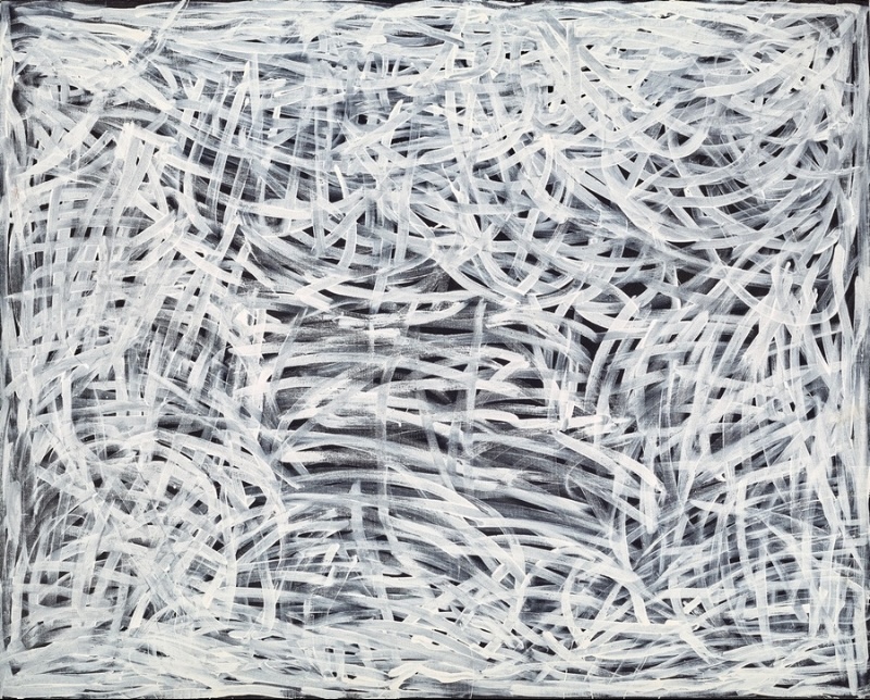 Emily Kame Kngwarreye’s Untitled (Yam), 1996, with a dense web of sweeping white and pale grey brushstrokes layered across a dark ground.