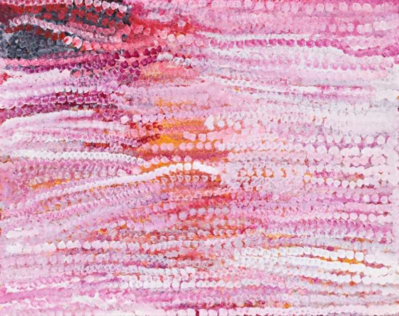 Emily Kame Kngwarreye’s Alalgura Country, 1994, with dense vertical streams of pink, white, red and mauve dots cascading across the canvas, with darker passages at upper right.