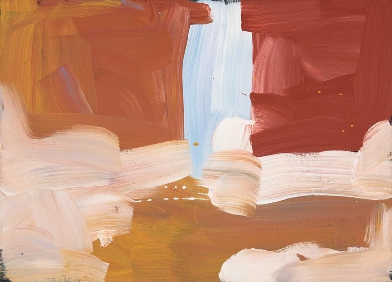 Emily Kame Kngwarreye’s My Country, 1996, with broad cream, pale blue, ochre and earthy red brushstrokes arranged in large overlapping blocks of colour.