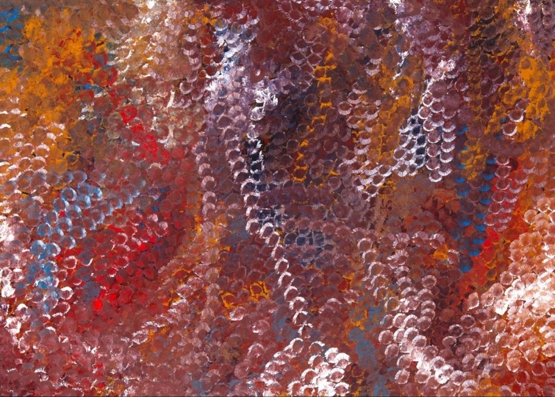 Emily Kame Kngwarreye’s My Mother’s Country, with dense overlapping fields of mauve, brown, red, orange, blue, black and white brush-dabs creating a richly layered surface.