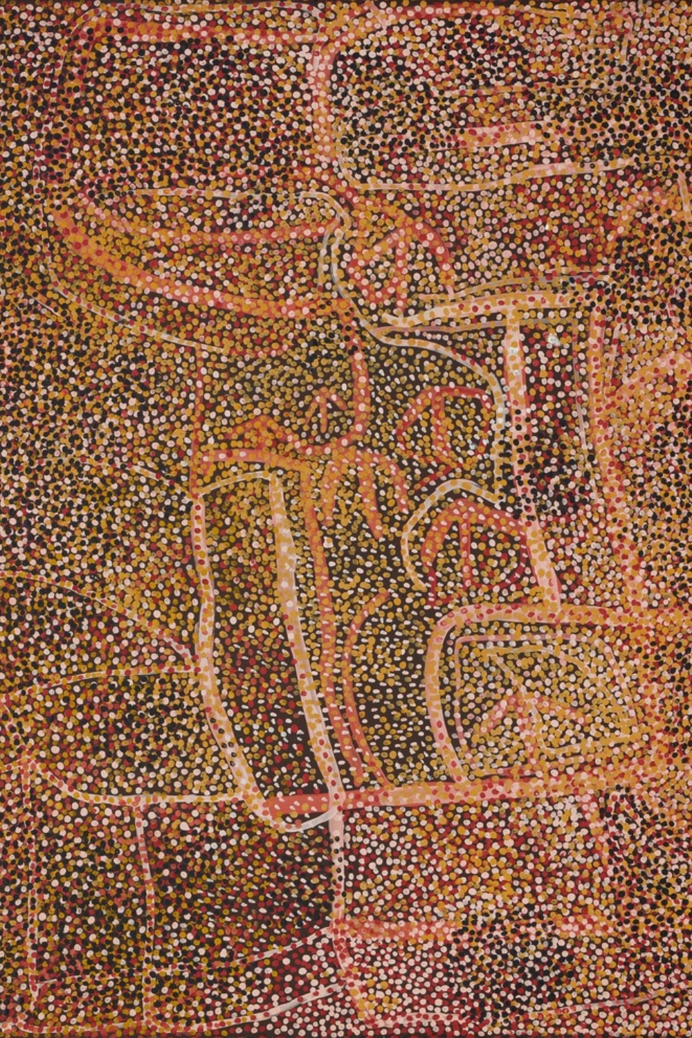 Emily Kame Kngwarreye painting of Alhalkere with layered lines and fields of coloured dots