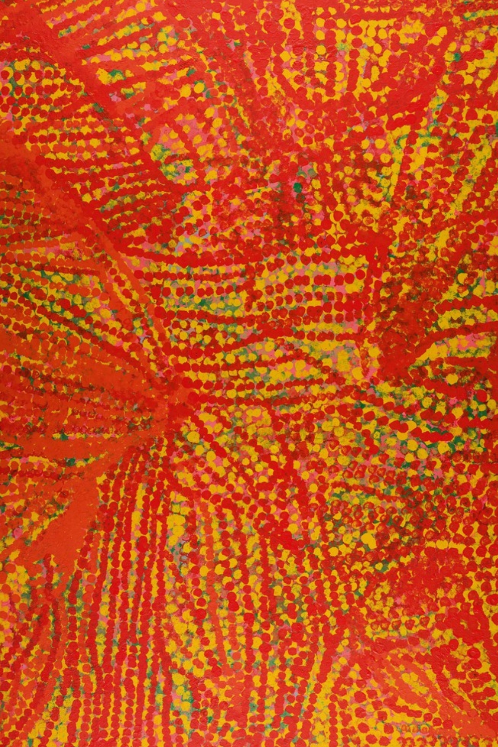 Emily Kame Kngwarreye Fertile Desert 1992, a densely dotted painting in red, yellow, green and pink