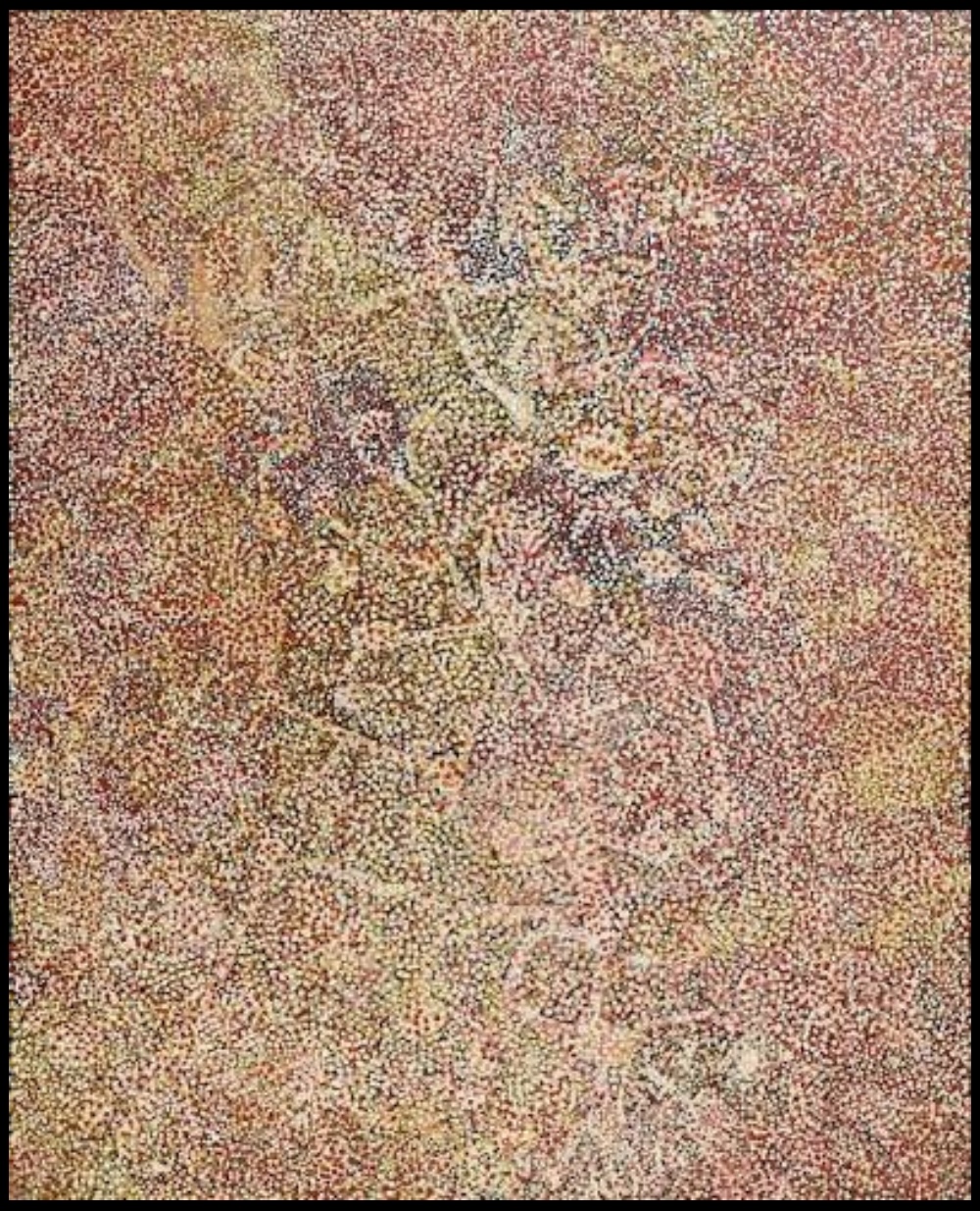 Anooralya Wild Yam 1989 by Emily Kame Kngwarreye, with dense red, yellow and white dots over an underlying network of pale lines