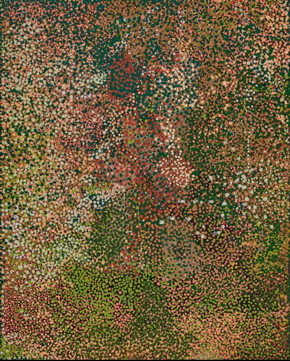 Emily Kame Kngwarreye Of Rare Winter Rain 1990, with layered pink, green, olive, purple, blue and grey dots, some applied with her fingers