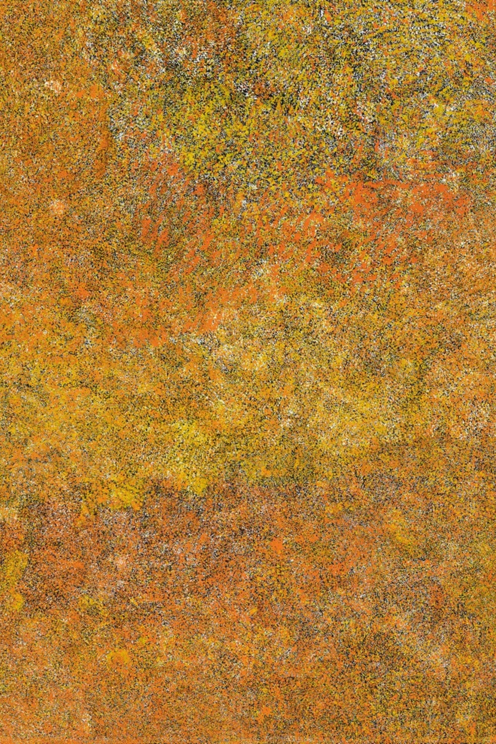 Detail of an Angelina Pwerle Bush Plum painting densely covered with thousands of minute orange, yellow, ochre, white and dark marks.