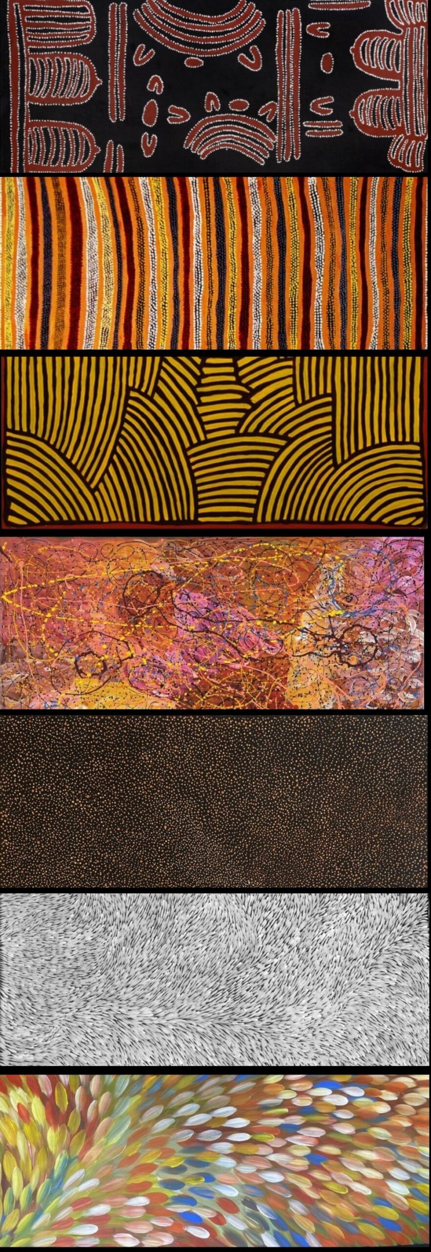 Seven Gloria Petyarre paintings arranged chronologically, showing her artistic evolution from ceremonial lines and dots to fine dot fields, flowing Bush Medicine Leaves and large colourful leaf strokes.