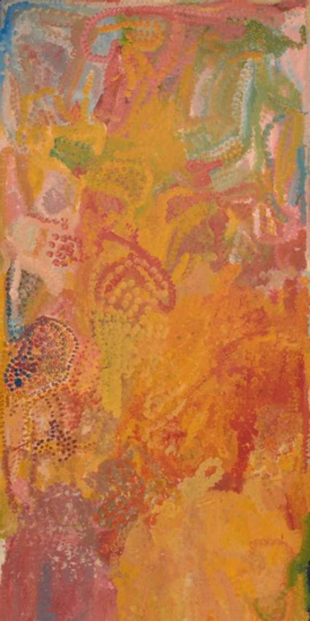 Emily Kame Kngwarreye My Country 1993, with layered pink, yellow, orange, green and blue marks suggesting abundant plant growth at Alhalkere