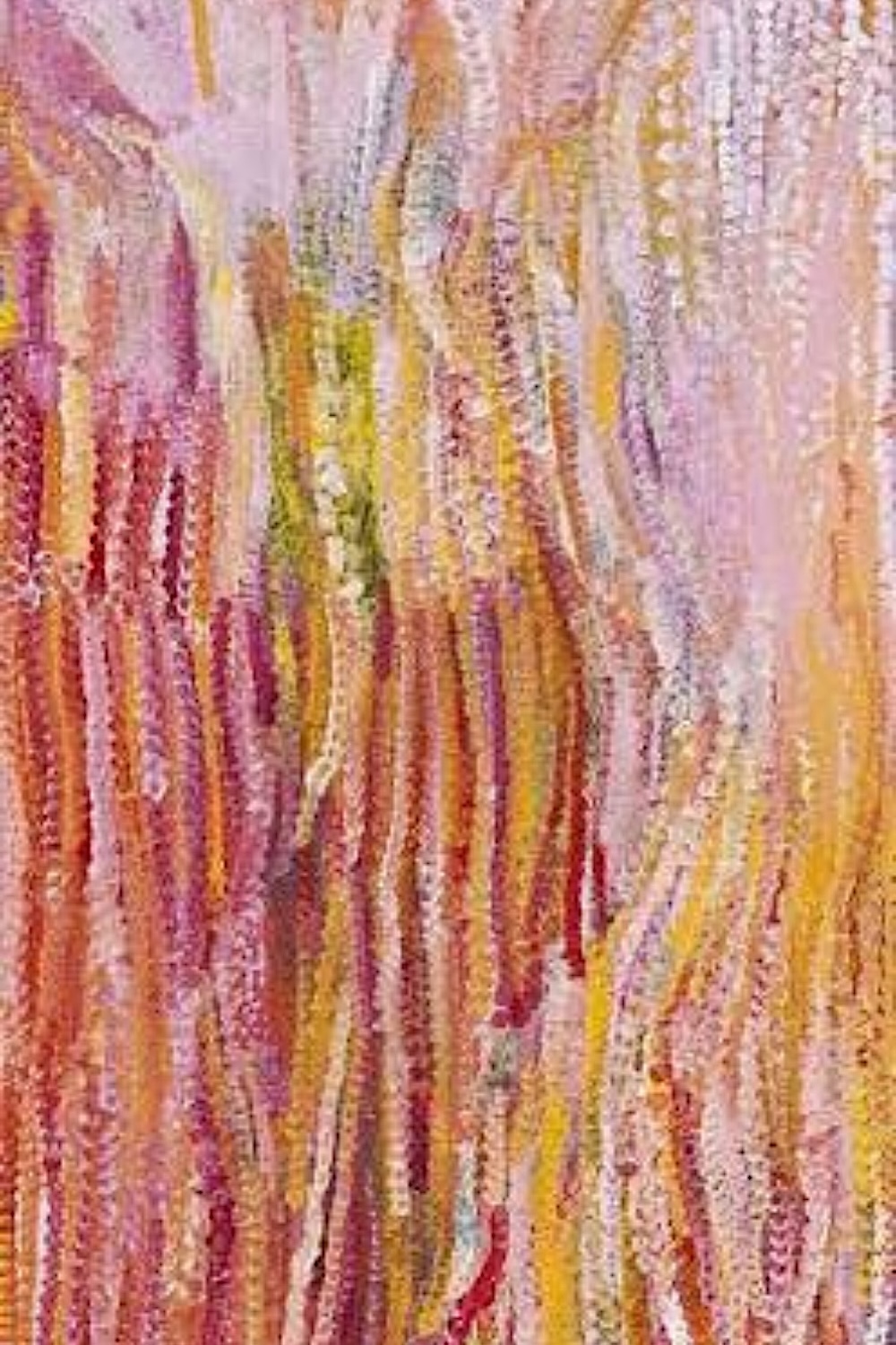 Emily Kame Kngwarreye Alhalkere My Country 1994, with flowing arcs of red, pink, yellow and white marks created through the reach of her arm