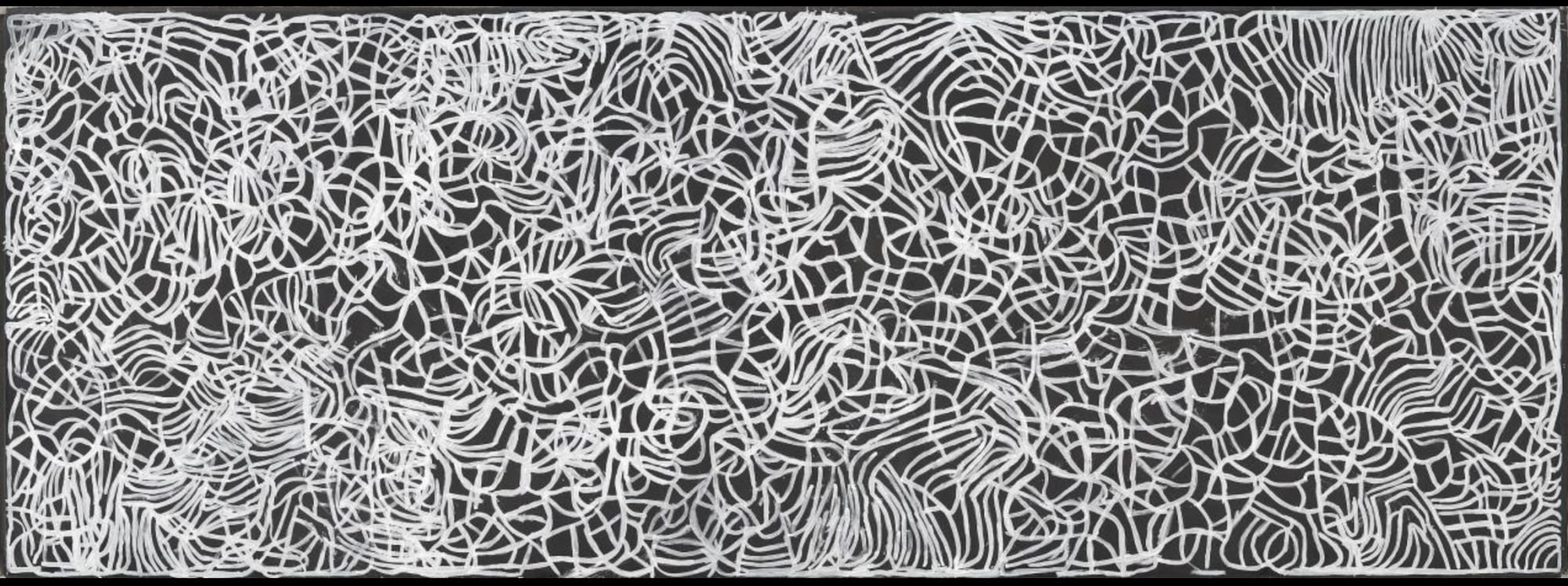 Emily Kame Kngwarreye Big Yam Dreaming 1995, with an immense network of white lines spreading across a dark ground