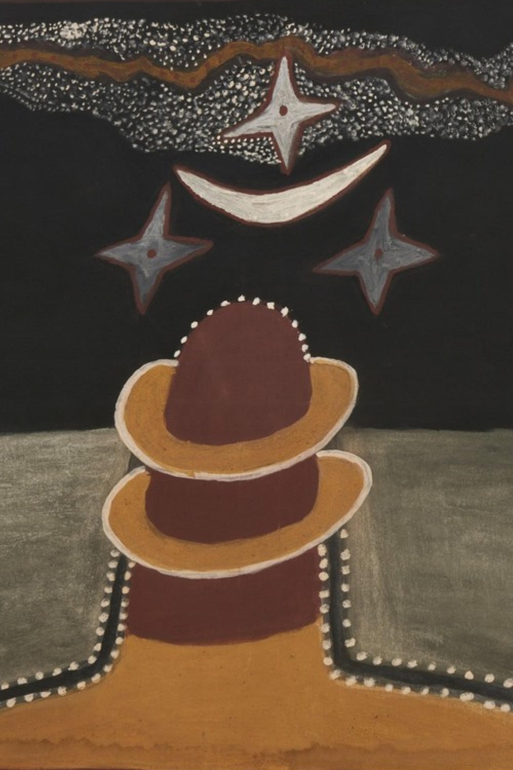 Hector Jandany ochre painting depicting a crescent moon and stars above rounded red and yellow forms against a black night sky.