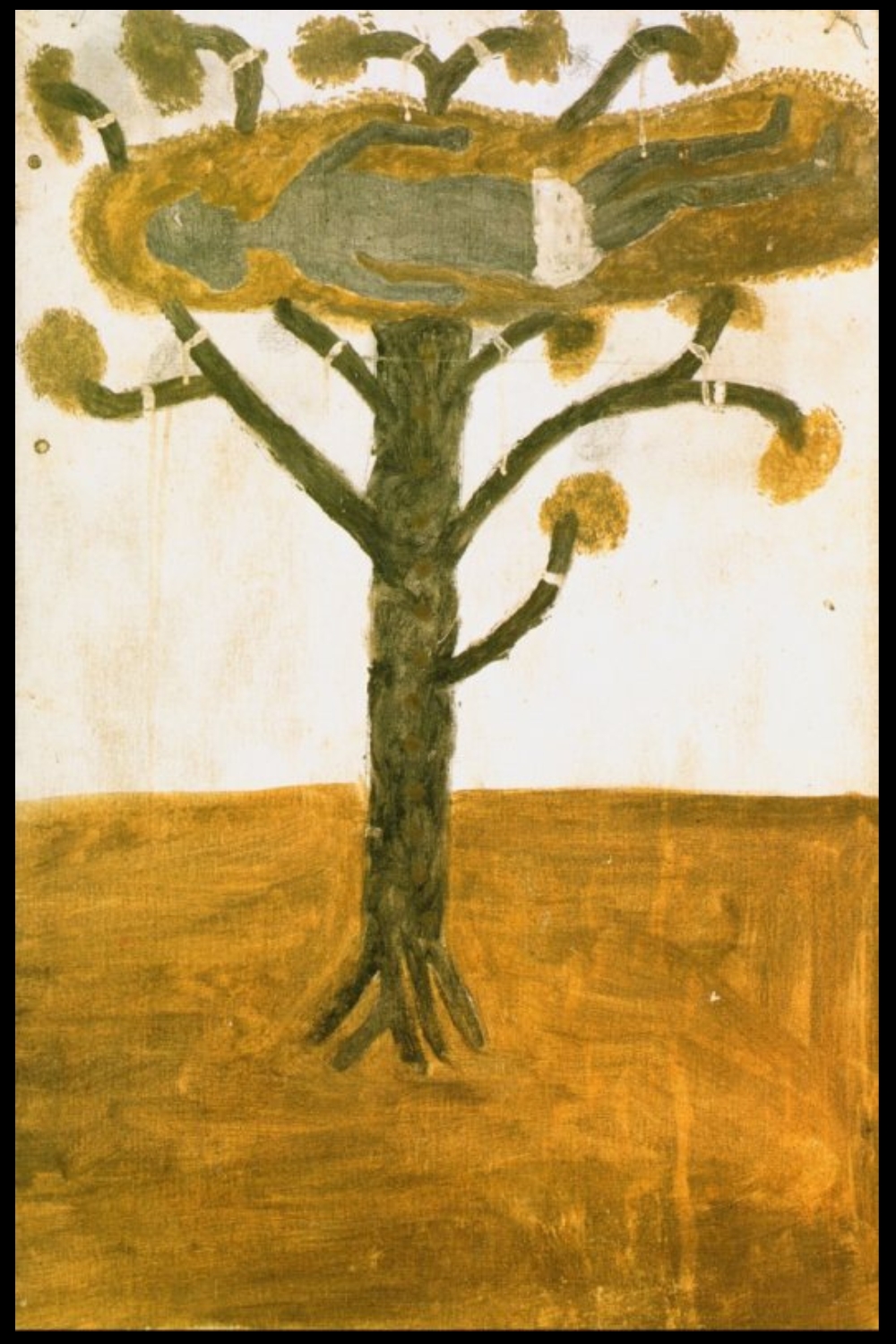 Hector Jandany painting The Dead Christ in a Tree, showing Christ lying horizontally in the branches of a tree above an ochre-coloured ground.