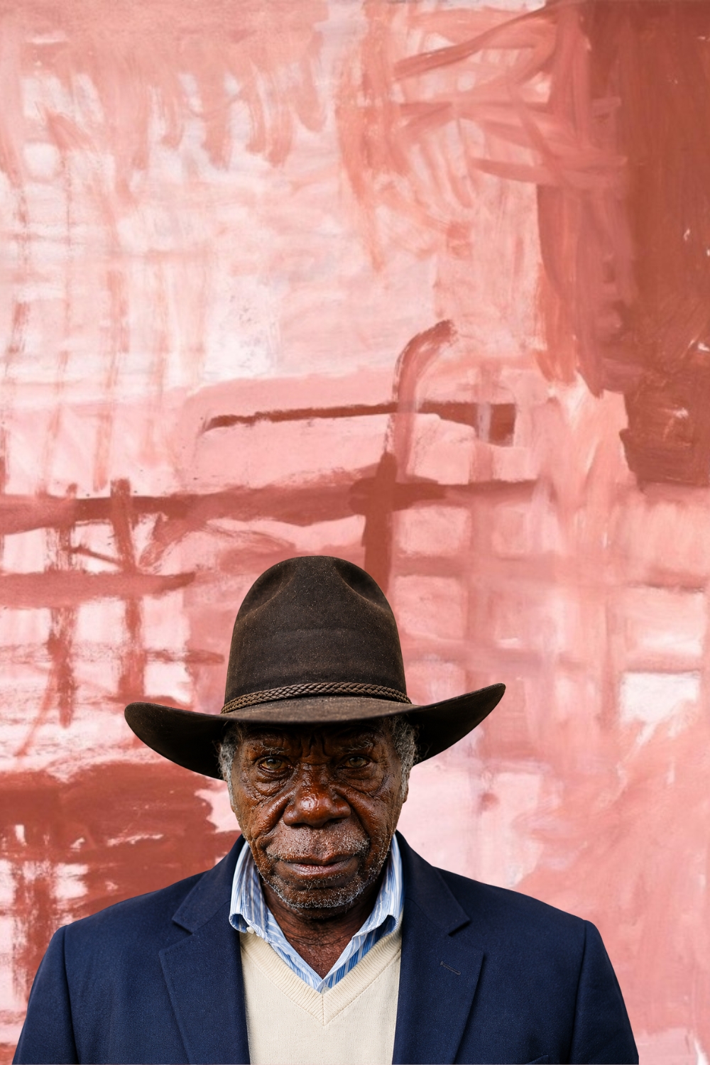 Portrait of Rammey Ramsey superimposed over a red, pink black and white dotted painting of Warlawoon Country.