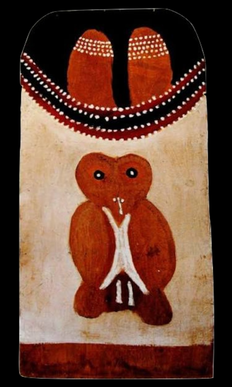 Hector Jandany Krill Krill ceremonial board depicting a red ancestral owl in natural ochres against a pale ground, with dotted ceremonial designs above.
