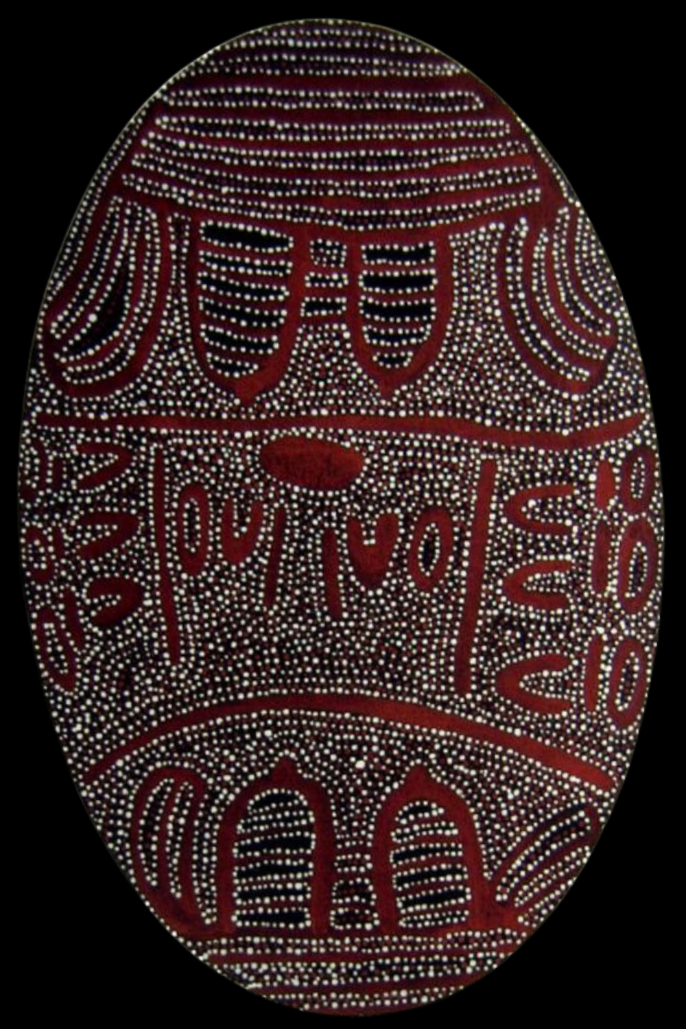 Early Gloria Petyarre painting with red linear ceremonial forms and dense white dotting on a black ground.
