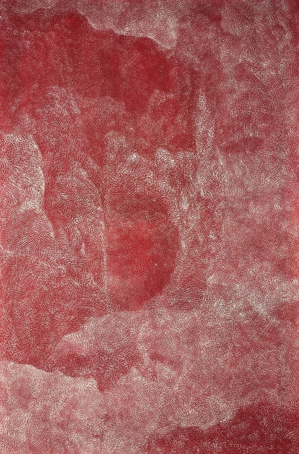 Angelina Pwerle Bush Plum painting composed of countless minute pale marks flowing across a deep red ground in dense, shifting formations.