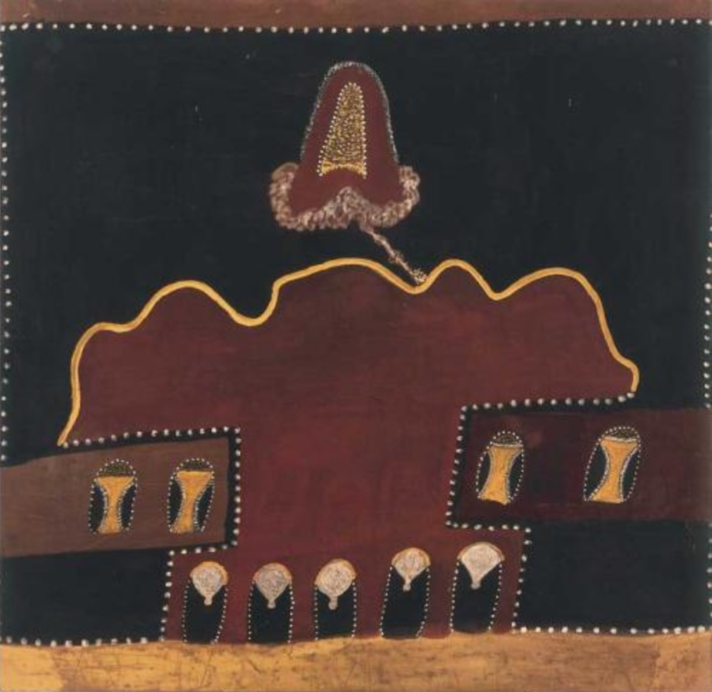 Hector Jandany’s Ascension, 1993, showing a large red ochre hill beneath a rising form, with small figures and fires arranged across a black ground.