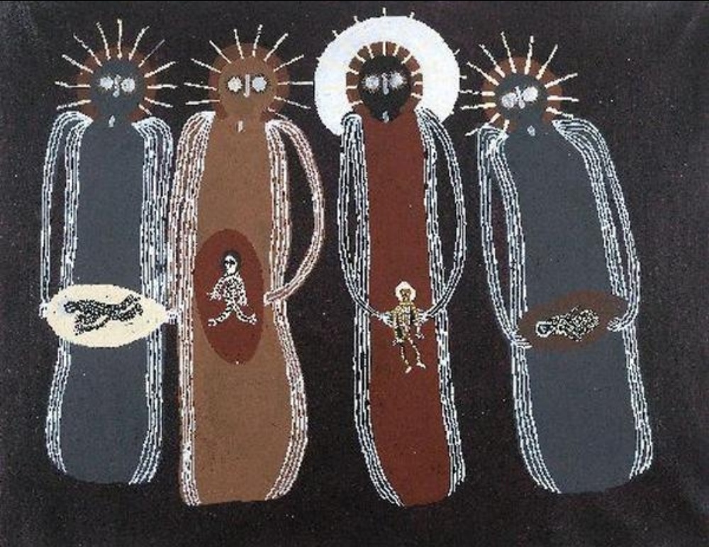Jack Dale Mengenen painting of four elongated Wandjina figures carrying babies associated with the Wuni-Ari-Wungud Baby Dreaming.