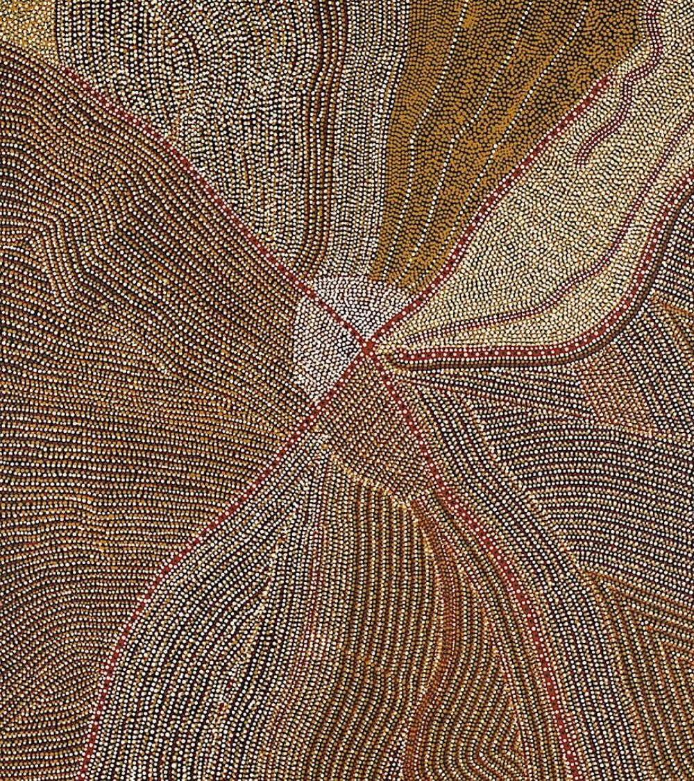 Kathleen Petyarre painting composed of thousands of fine dots and curving lines in ochre, white, red and brown.
