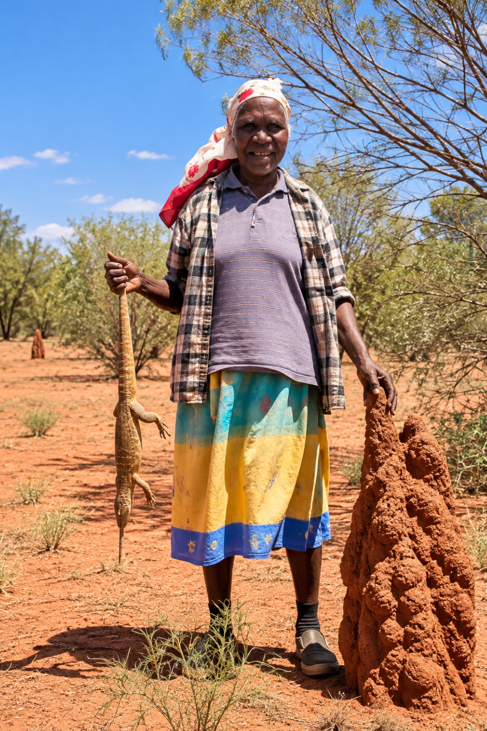 Angelina Pwerle standing in the red desert landscape at Utopia beside a large termite mound, holding a large lizard by its tail.