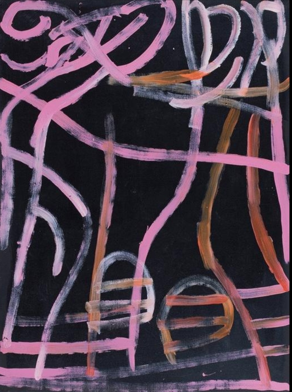 Minnie Pwerle Awelye Atnwengerrp painting with gestural pink and ochre lines on a black ground Abstract composition on a black ground with broad pink lines sweeping and looping across the canvas, accompanied by thinner pale grey, brown and orange marks.