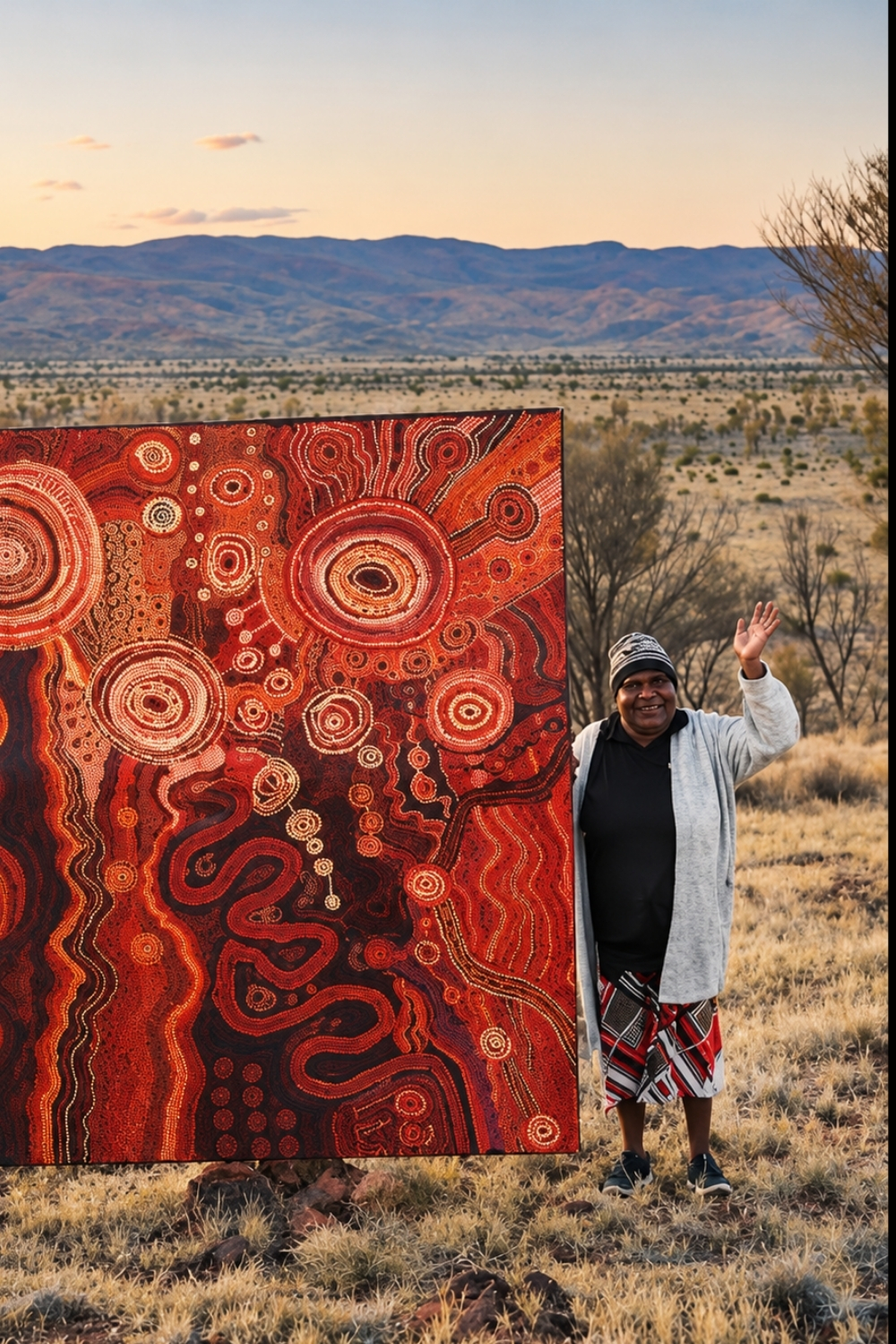 Tjungkara Ken standing beside a large red and orange painting in the landscape of the APY Lands.