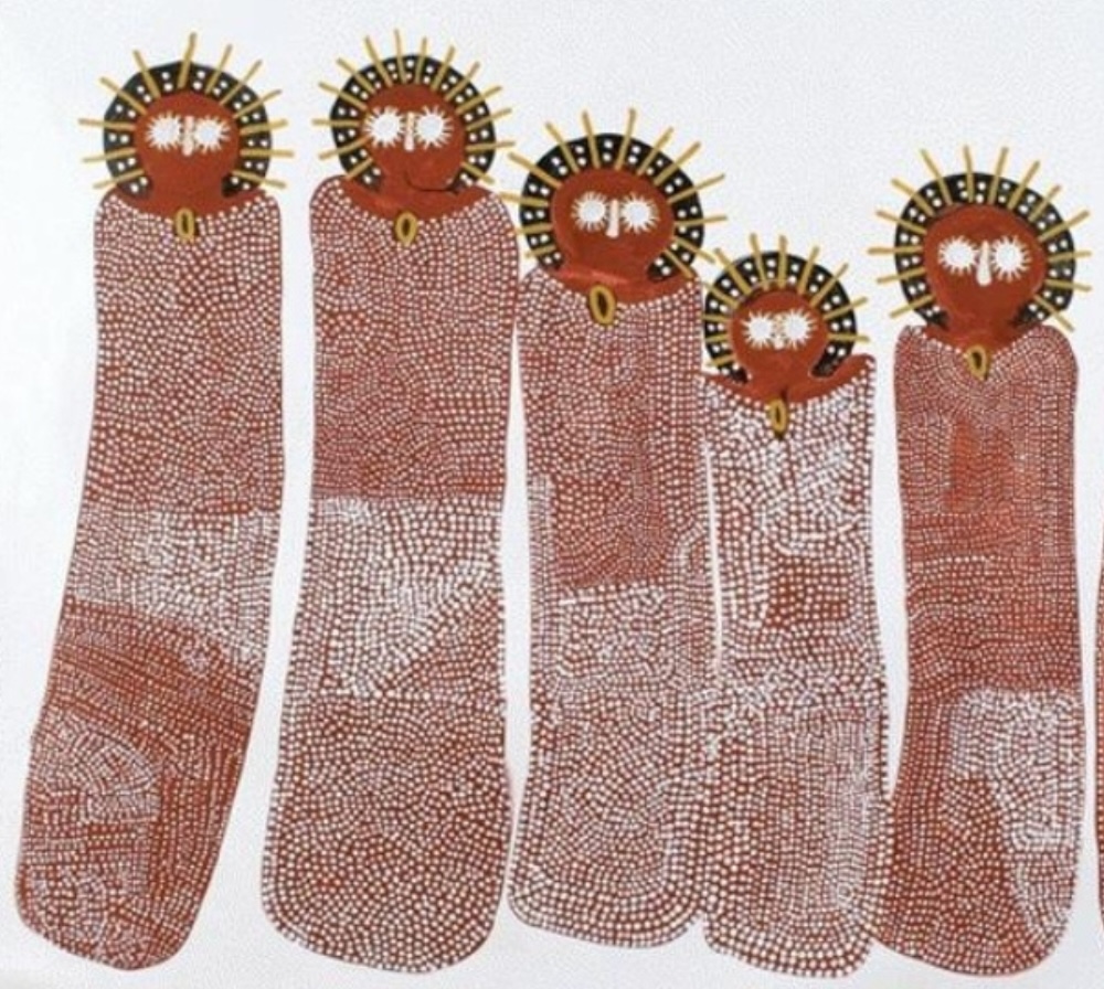 Jack Dale Mengenen painting of five elongated Wandjina figures from Iondra, with round eyes, radiating halos and bodies covered in fields of fine white rain dots.