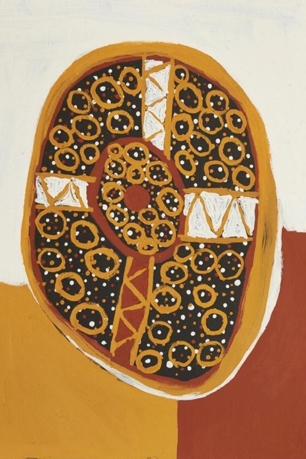 Timothy Cook painting with a large ochre oval filled with concentric circles, white triangular forms and scattered white, red and ochre dots on black.