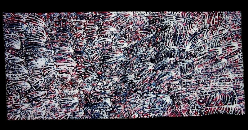 Emily Kame Kngwarreye’s Alhakare, c.1987, a cotton batik densely covered with white, black and red dots, sweeping parallel lines and layered curving forms.