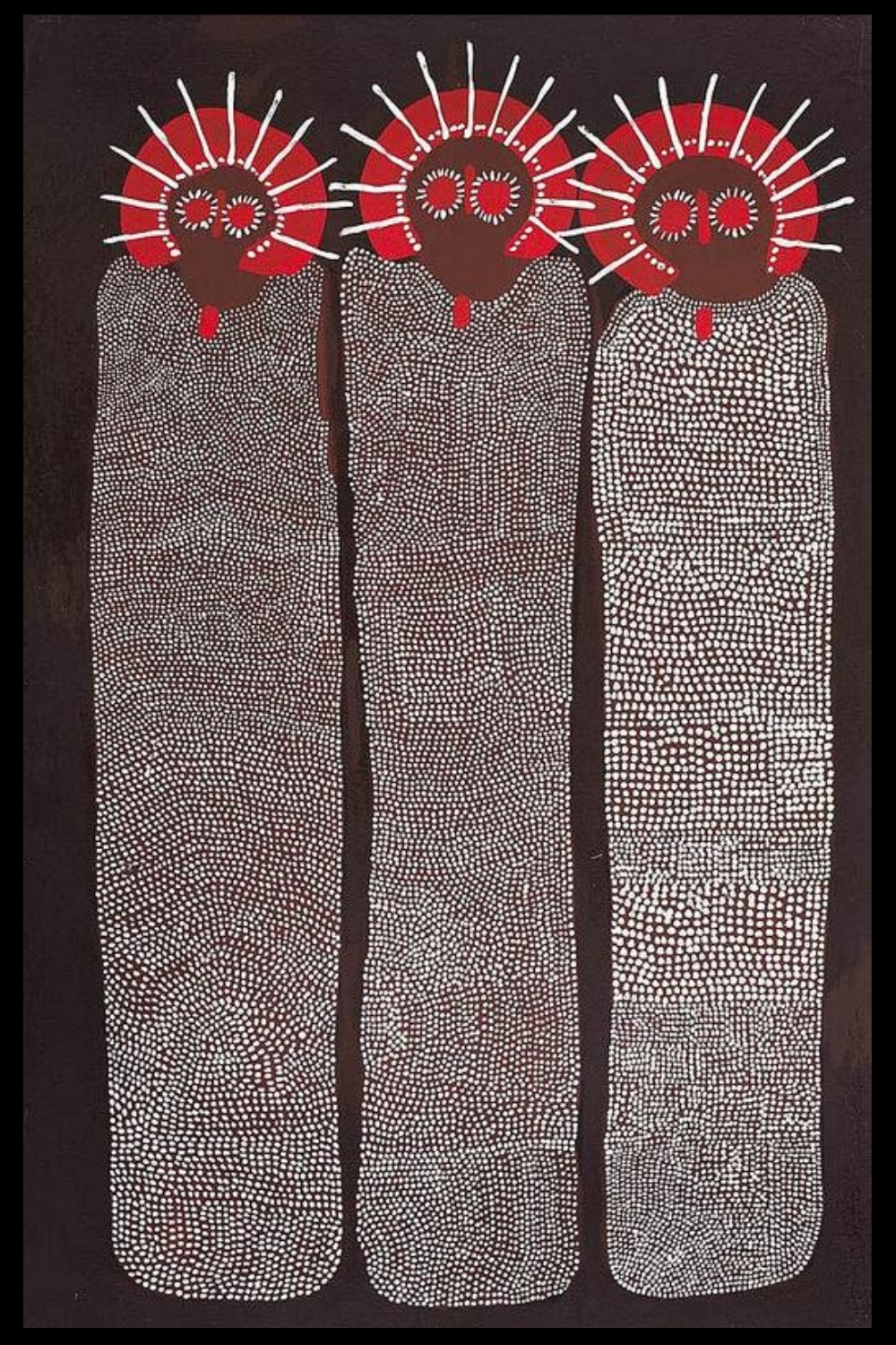 Jack Dale Mengenen painting of three tall Wandjina with circular eyes, radiating halos and elongated bodies covered in dense fields of white rain dots.