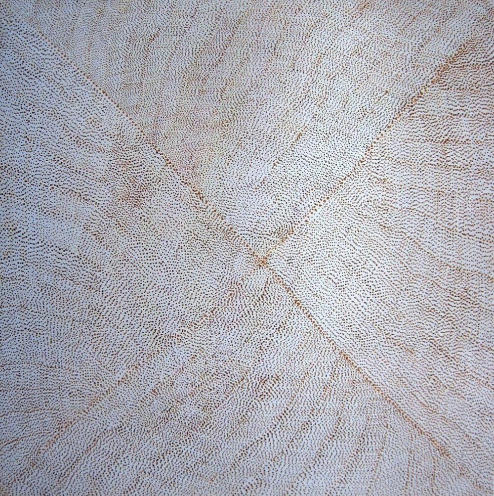 Kathleen Petyarre’s Atnangkere, 2000, with dense fields of fine dots crossed by diagonal ancestral paths