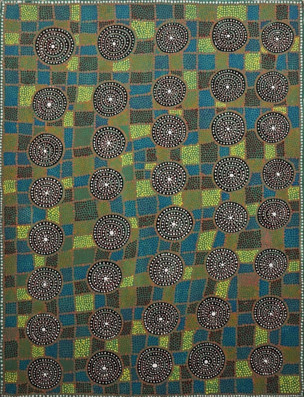 Early Kudditji Kngwarreye painting with concentric circles, dot work and geometric fields