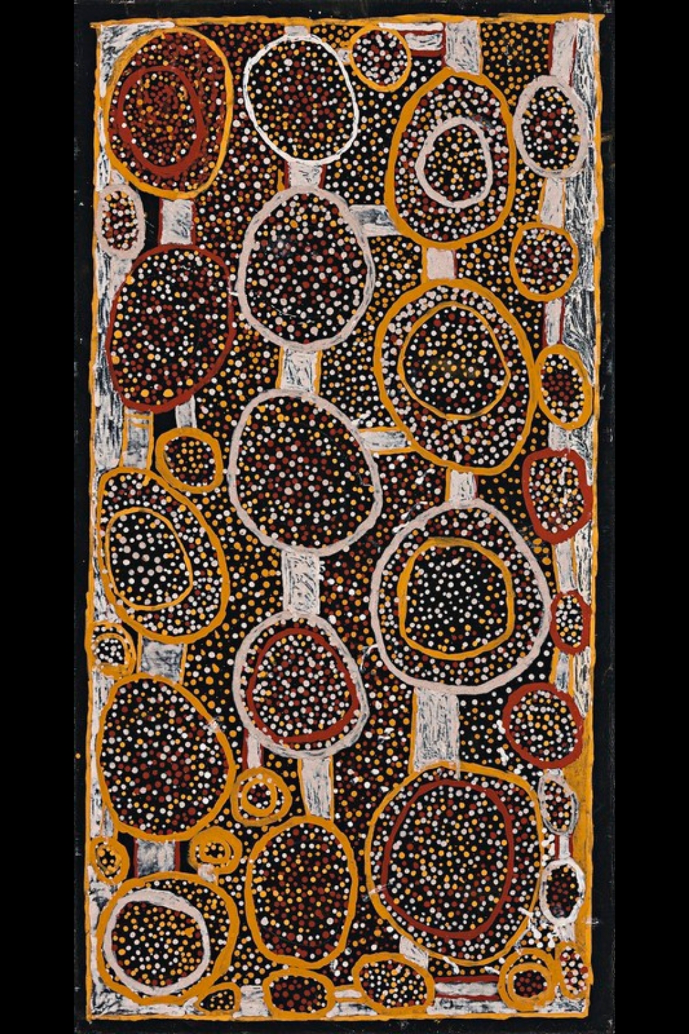 Timothy Cook painting filled with large irregular ochre, red and white circles over a black ground densely covered with white, yellow and red dots.