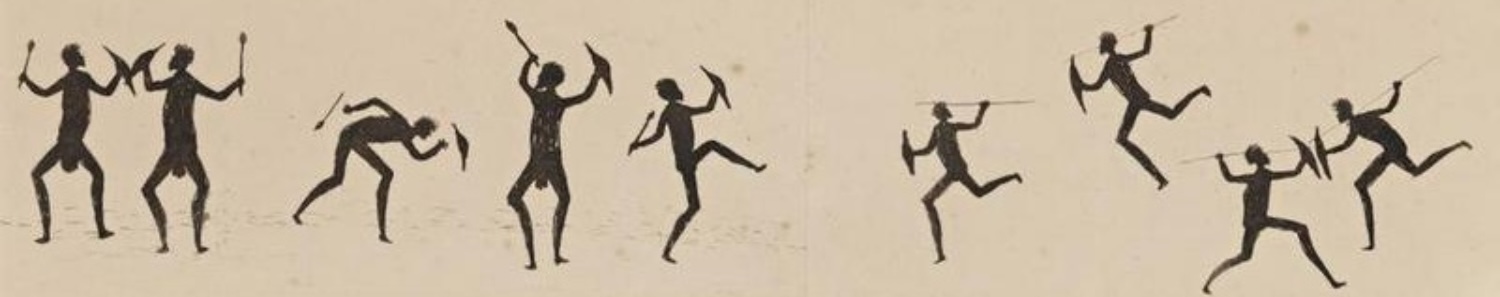 Tommy McRae pen-and-ink figures showing Aboriginal men running, fighting and carrying weapons in animated poses.