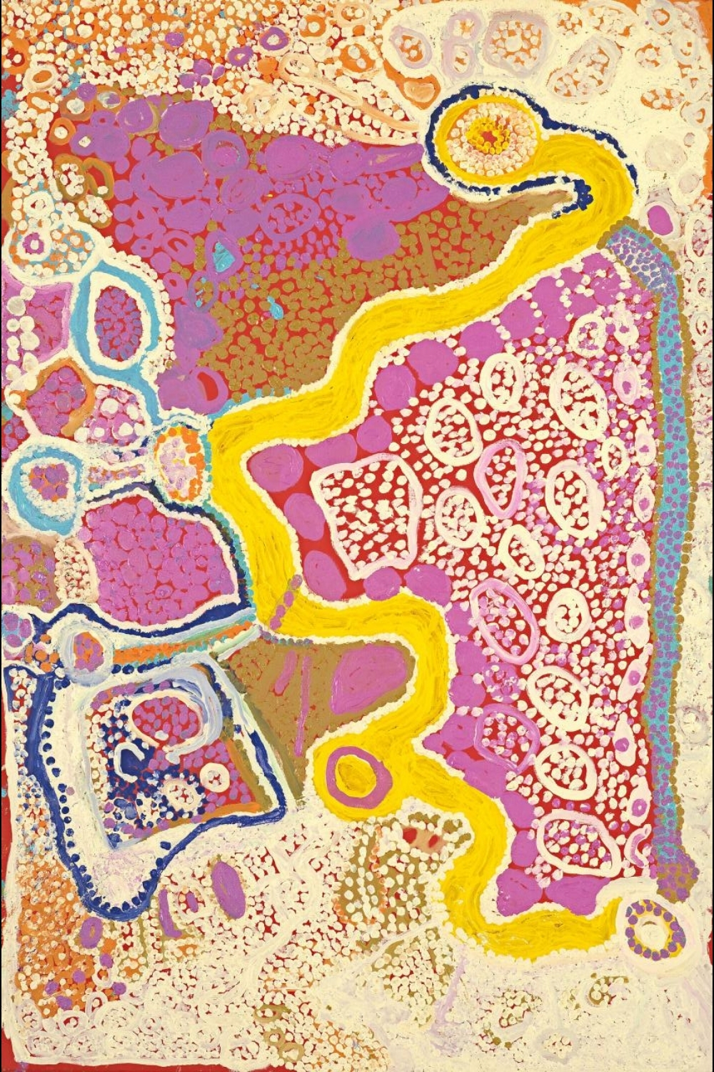 Tiger Palpatja painting with a large yellow winding form surrounded by vivid pink, purple, orange, blue and cream dotted motifs