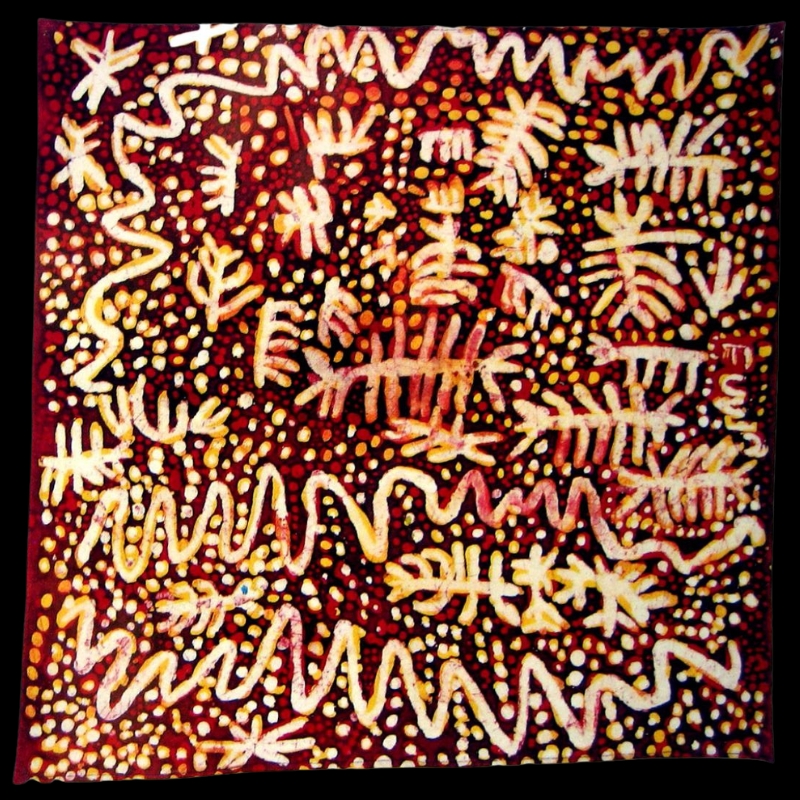 Emily Kame Kngwarreye value – Emily Kame Kngwarreye’s Alhalkere, a cotton batik with bold cream, yellow and pink linear forms, zigzags and branching marks surrounded by multicoloured dots on a deep red-black ground.