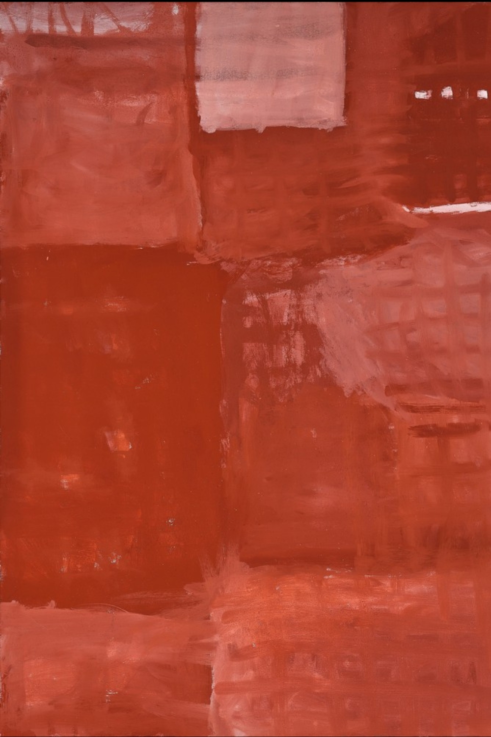 Rammey Ramsey painting dominated by layered red and pink ochre brushwork. Broad rectangular areas overlap across the surface, with a pale pink block near the top and a short row of white marks against dark red at upper right.