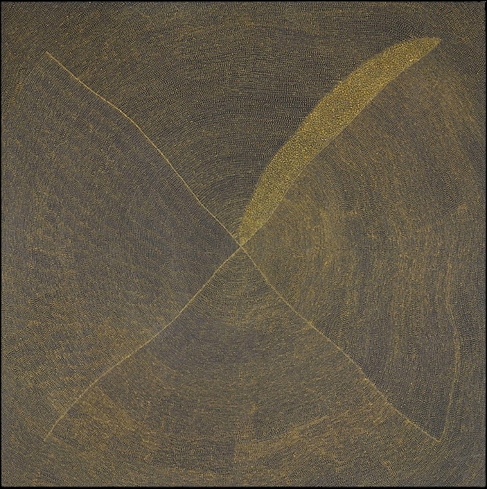 Kathleen Petyarre’s Mountain Devil Lizard Dreaming (After Sandstorm), 1996, with fine dotting and two elongated crossing ancestral paths.
