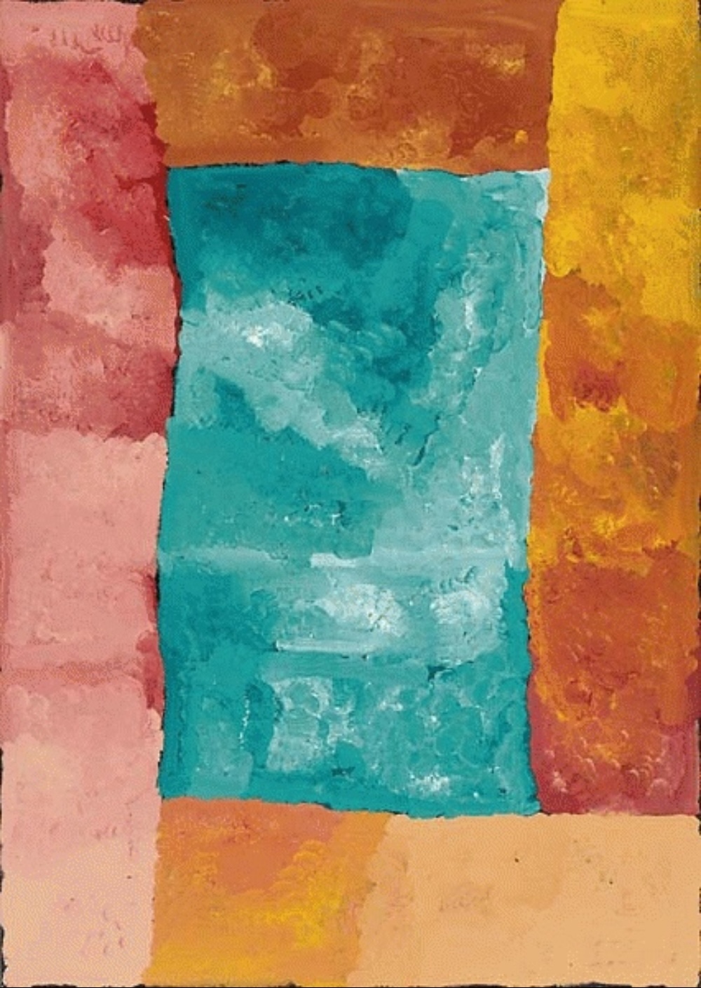 My Country painting by Kudditji Kngwarreye with broad turquoise, pink, orange and yellow colour fields