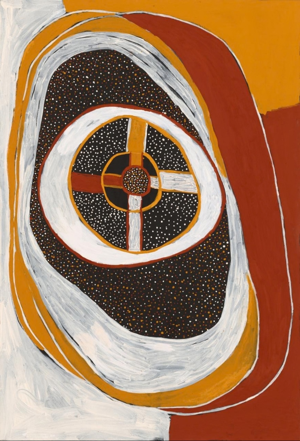 Timothy Cook painting with a large oval of concentric white, yellow ochre and red bands surrounding black fields of tiny white, red and ochre dots, with a divided circular form at the centre.