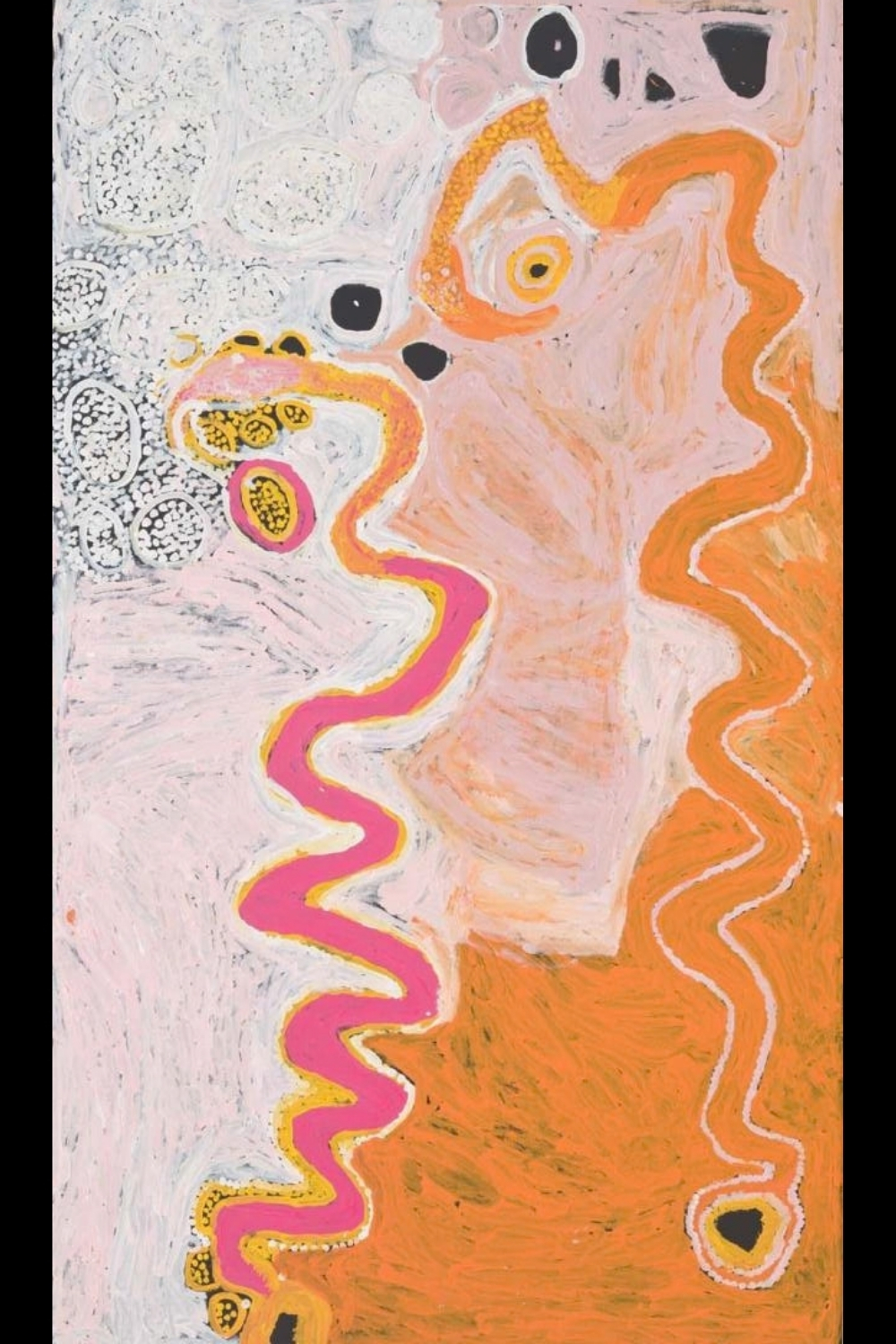 Tiger Palpatja painting with two large serpentine forms in pink and orange winding through Piltati Country