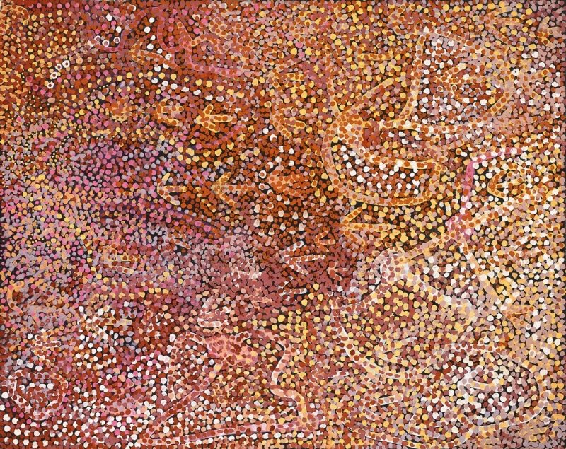 Emily Kame Kngwarreye’s Untitled (Alalgura/Emu Country), 1989, with dense fields of pink, yellow, white, ochre and brown dots layered over looping lines and irregular organic forms.