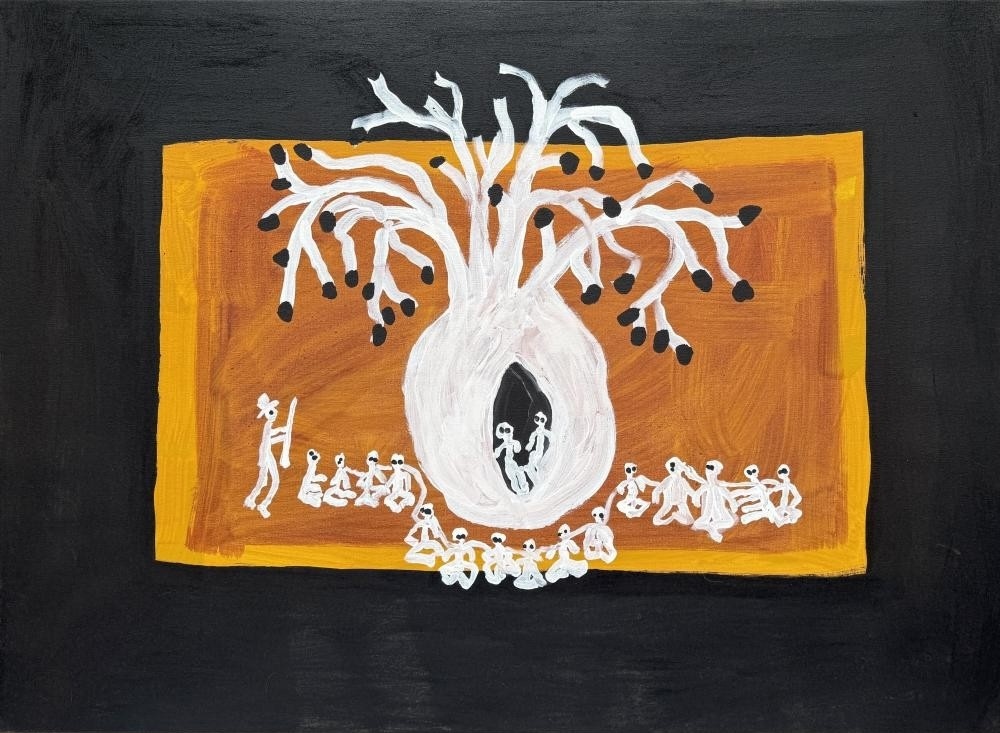Jack Dale Mengenen painting of Aboriginal prisoners gathered around a large white boab tree, with figures shown inside its hollow trunk.