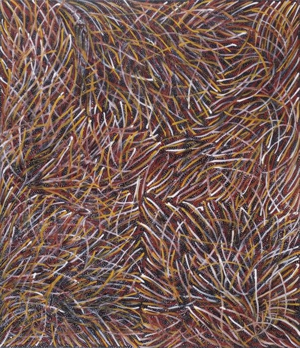 An abstract-looking painting filled with hundreds of overlapping curved lines in white, ochre, brown and grey against a dark, finely dotted ground. The lines flow in different directions across the entire canvas, creating the appearance of dense grasses in movement.