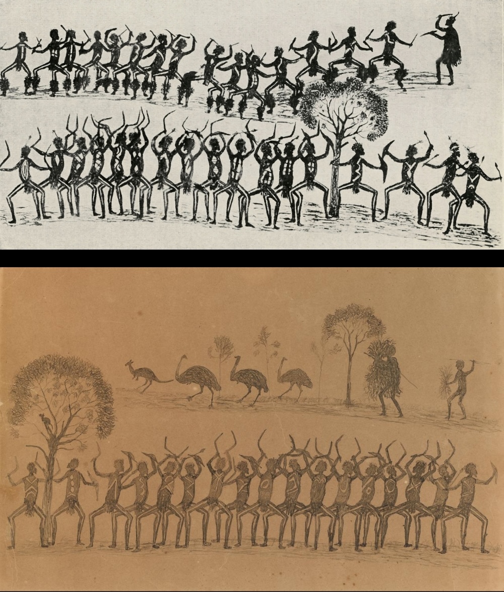 Two Tommy McRae drawings showing rows of Aboriginal dancers with body designs and a hunting scene with emus.
