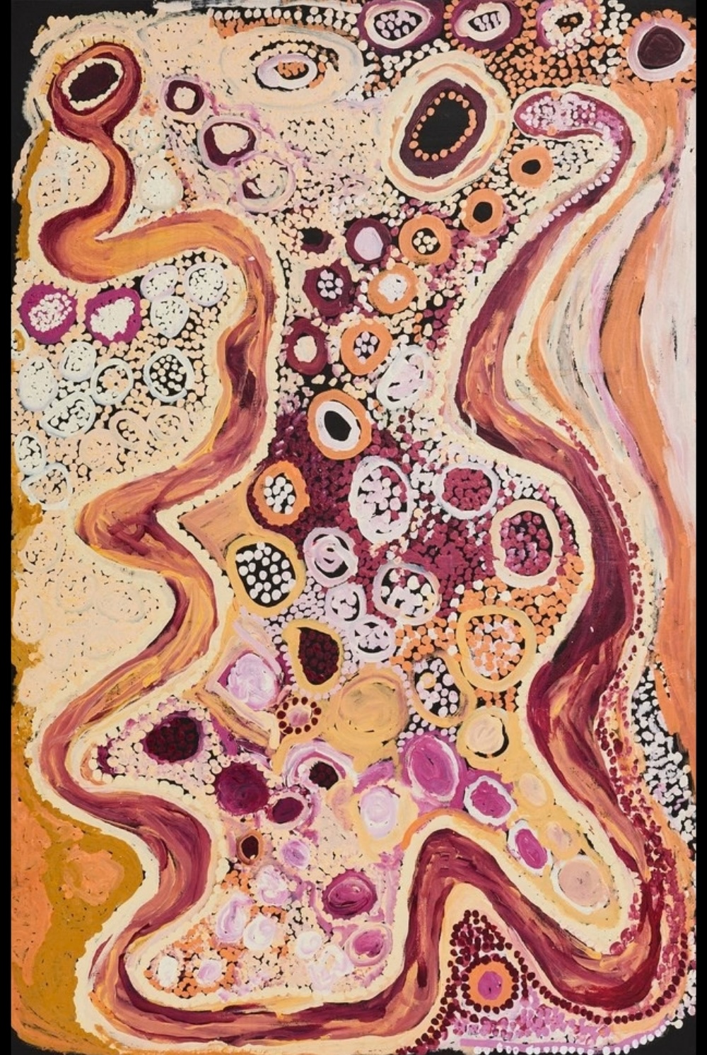 Tiger Palpatja painting with two long winding serpent forms surrounding rockhole-like circular motifs in Piltati Country