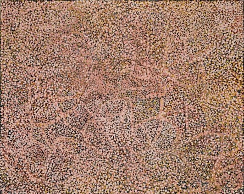 Emily Kame Kngwarreye’s Awelye, 1990, densely covered with pale pink, cream, yellow and white dots over a network of sinuous pink lines on a dark ground.