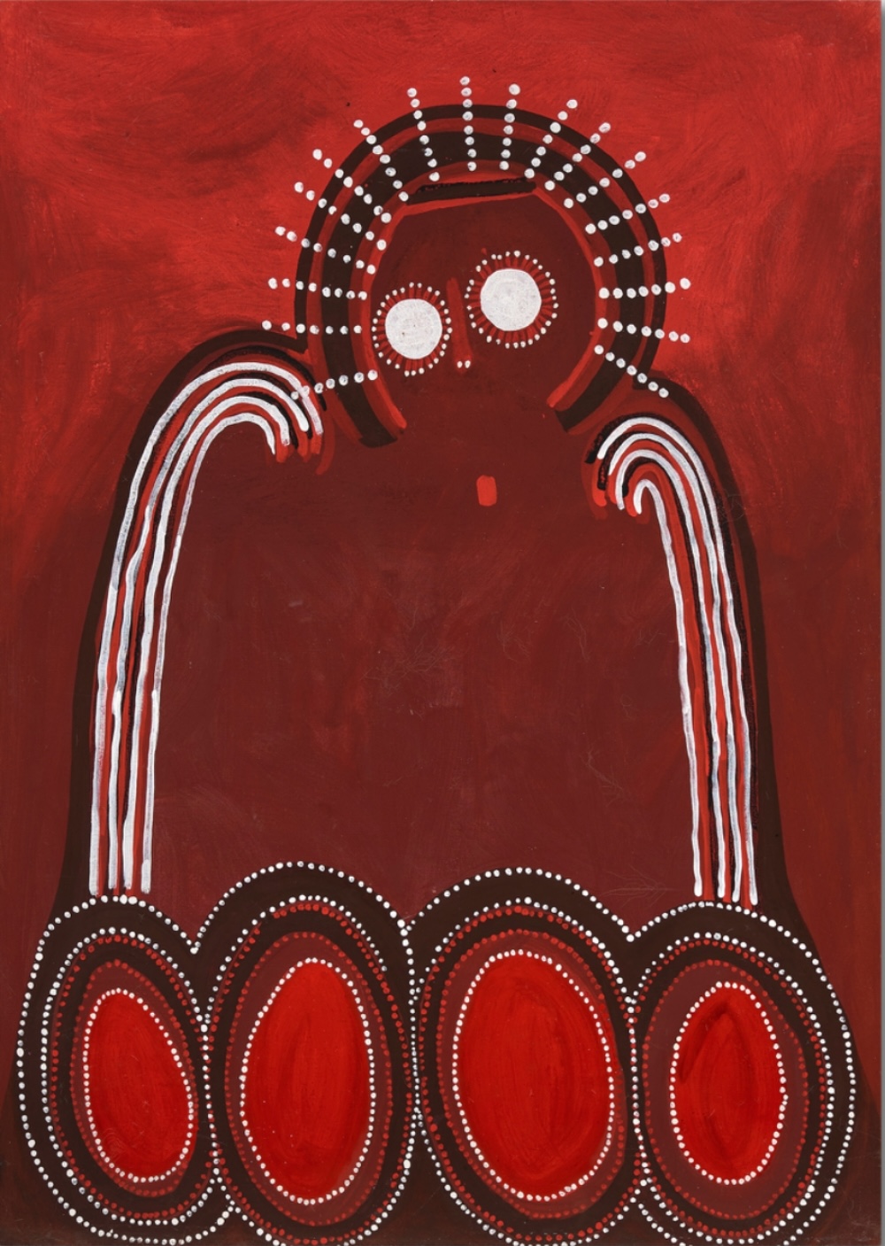 Jack Dale Mengenen painting of a large red Wandjina with round white eyes above four concentric Djalala stone forms in red, black and white.